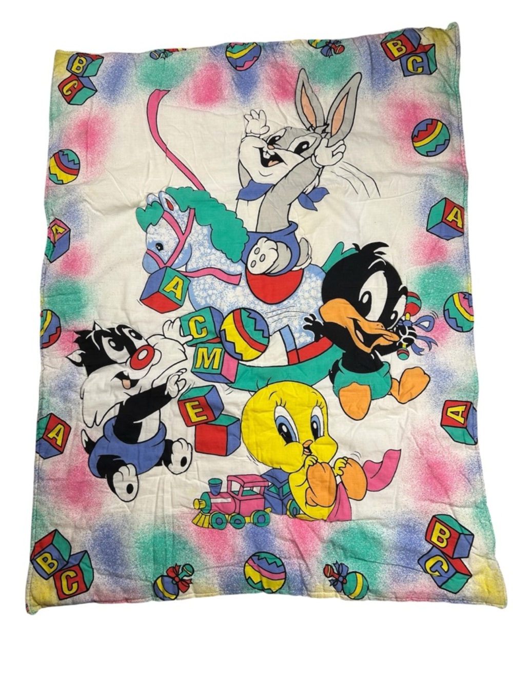 Vintage 1990s Baby Looney Tunes Crib Blanket Double Sided ACME Blocks